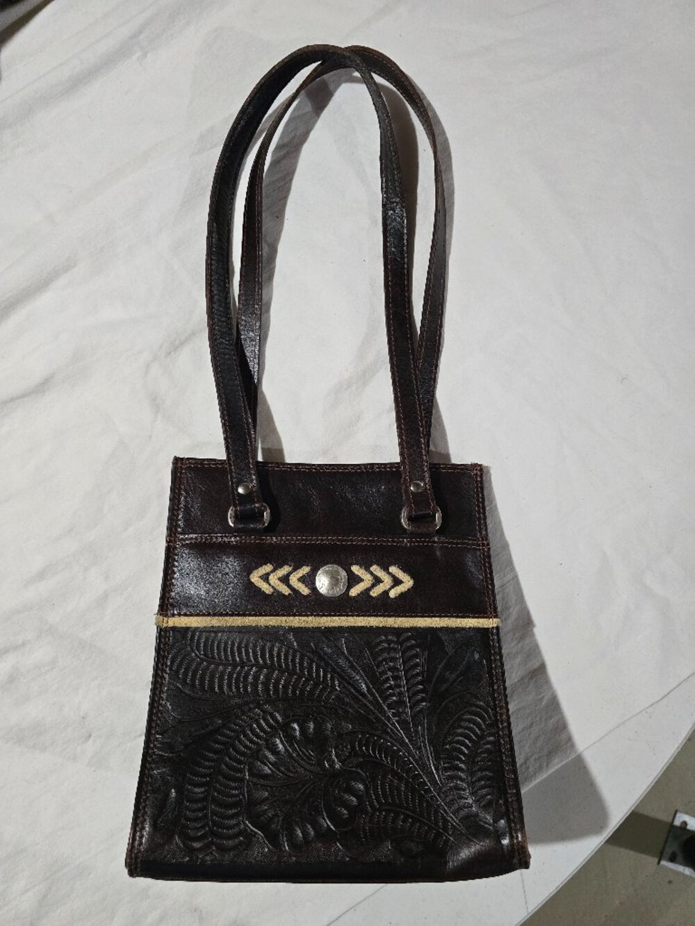 American West Brown Tooled Leather Shoulder Bag Vintage Buffalo Nickel Accent
